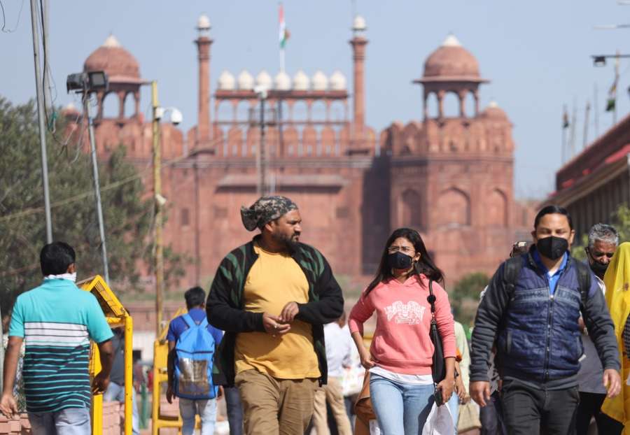 New Delhi: People seen wearing masks as a precautionary measure against COVID-19 outside the Red Fort which has been closed on Government orders as a measure to contain coronavirus, in New Delhi on March 17, 2020. (Photo: IANS) by . 