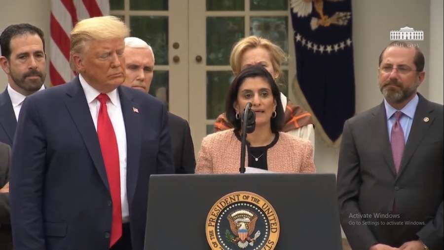 Seema Verma, who as the administrator of the Centers for Medicare and Medicaid Services heads the two government medical insurance programmes for senior citizens and for the poor, speaks at the White House news conference with President Donald, at left, Trump, who declared a state of national emergency in Washington on Friday, March 13, 2020. Health and Human Services Secretary Alex Azar is at right. (Photo: White House/IANS) by . 