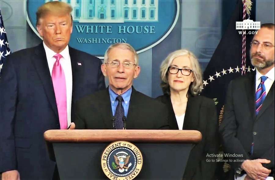 US President Donald Trump, from left, Anthony Fauci, director of the National Institute of Allergy and Infectious Diseases; Anne Schuchat, Principal Deputy Director of the Centres for Disease Control, and Human Services Secretary Alex Azar at a White House news conference on Wednesday, Feb. 26, 2020, to discuss the threat of coronavirus. (Photo: White House) by . 