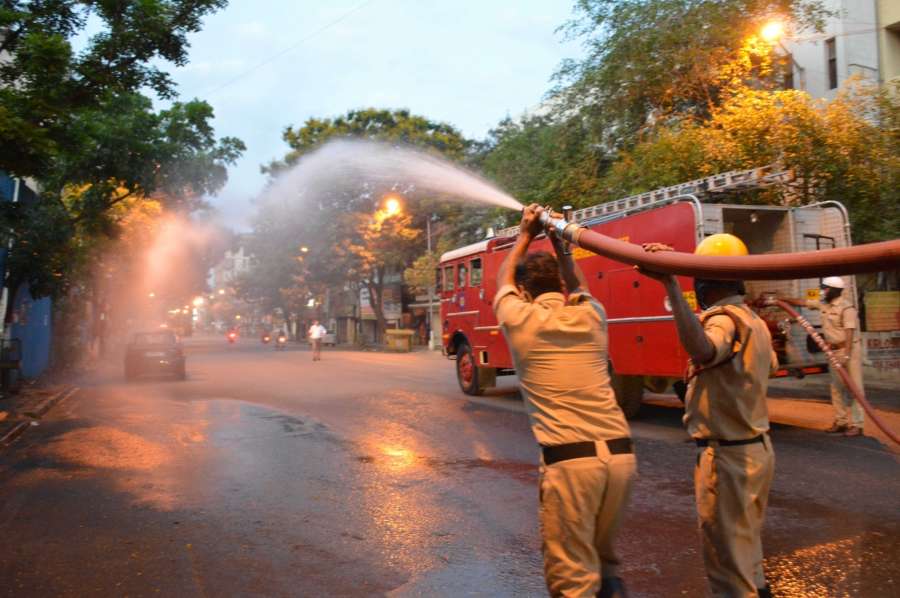 Bengaluru: Disifectants being sprayed across the city during complete lockdown imposed in 560 districts in 32 states and union territories across the country as precautionary measures to contain the spread of the coronavirus, in Bengaluru on March 24, 2020. (Photo: IANS) by . 