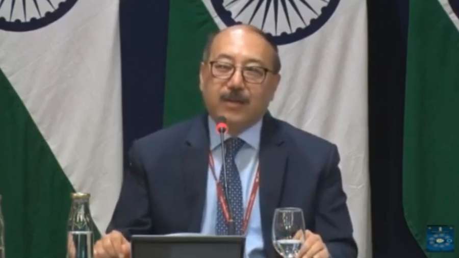 New Delhi: Foreign Secretary Harsh Vardhan Shringla addresses at a special media briefing on the state visit of US President Donald Trump, in New Delhi on Feb 25, 2020. (Photo: IANS/MEA) by . 