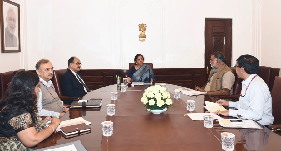 New Delhi: Union MoS Culture and Tourism Prahlad Singh Patel meets Union Finance and Corporate Affairs Minister Nirmala Sitharaman, to review the economic impact of âCOVID-19â on Tourism Sector, in New Delhi on March 20, 2020. (Photo: IANS/PIB) by . 