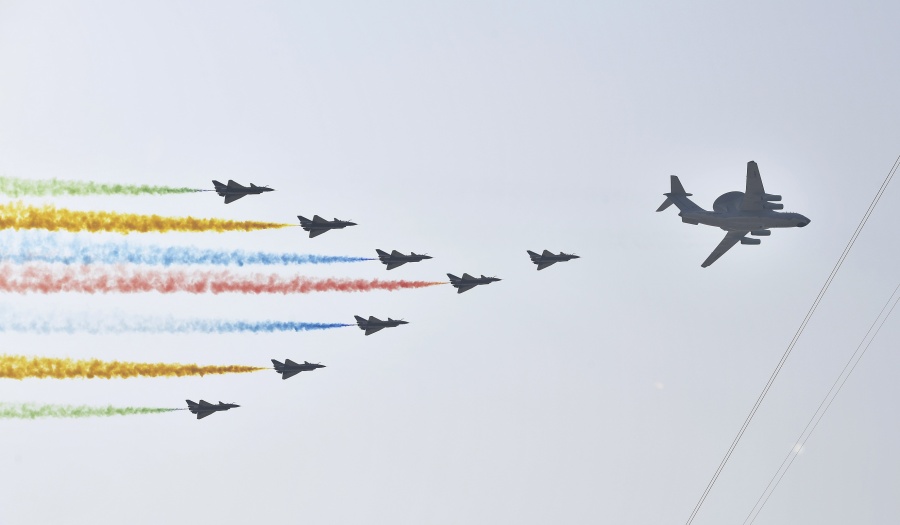 BEIJING, Oct. 1, 2019 (Xinhua) -- The leading echelon of aircraft takes part in a military parade during the celebrations marking the 70th anniversary of the founding of the People's Republic of China (PRC) in Beijing, capital of China, Oct. 1, 2019. (Xinhua/Chen Yichen/IANS) by . 