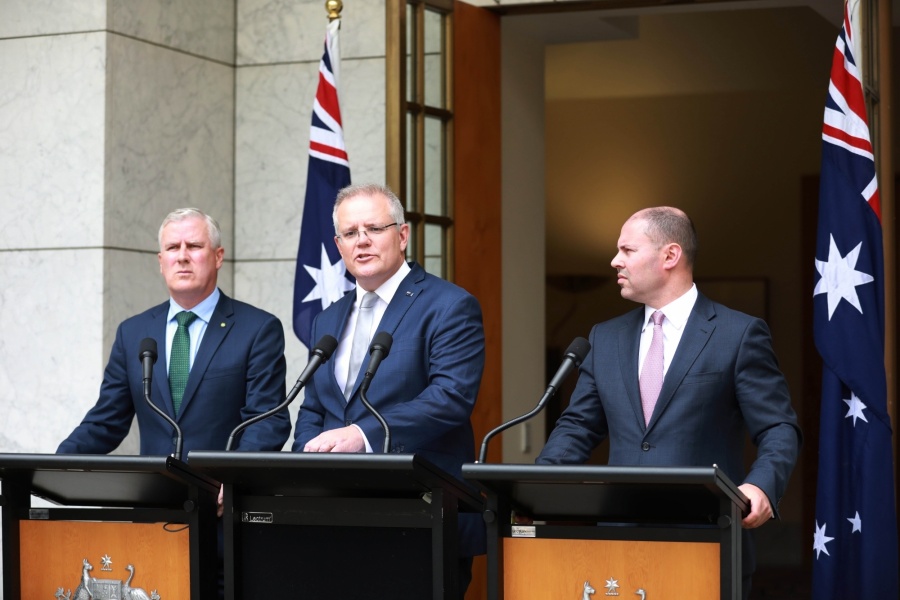 CANBERRA, Jan. 6, 2020 (Xinhua) -- Australian Prime Minister Scott Morrison (C), Deputy Prime Minister Michael McCormack (L) and Treasurer Josh Frydenberg (R) attend a press conference at the Parliament House in Canberra, Australia, Jan. 6, 2020. The Australian government launched the National Bushfire Recovery Agency which would be funded with an initial two billion Australian dollars (1.38 billion U.S. dollars) on Monday. (Xinhua/Bai Xu/IANS) by . 
