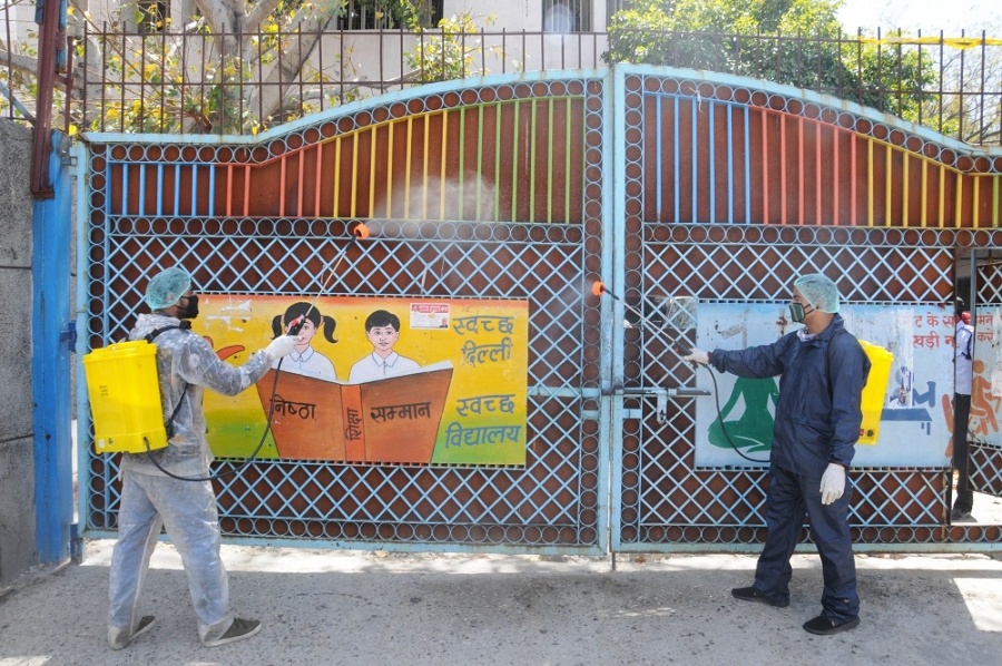 New Delhi: The Government school in Delhi's Ghazipur that had quarantined COVID-19 suspects being sprayed with disinfectants on Apr 3, 2020. (Photo: ANS) by . 