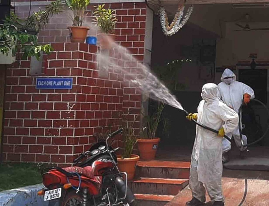 Hyderabad: Disinfectants being sprayed as part of a sanitisation drive being conducted across Hyderabad during the nationwide lockdown imposed as a precautionary measure to contain coronavirus, that has now been extended till May 3; on Apr 14, 2020. (Photo: IANS) by .