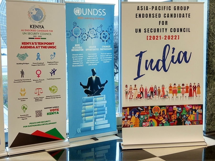 A banner, at right, in the United Nations Secretariat building lobby advertises India's candidature for the Asia Pacific Security Council seat in the elections scheduled to be held in June. (Photo: Arul Louis/IANS). by . 