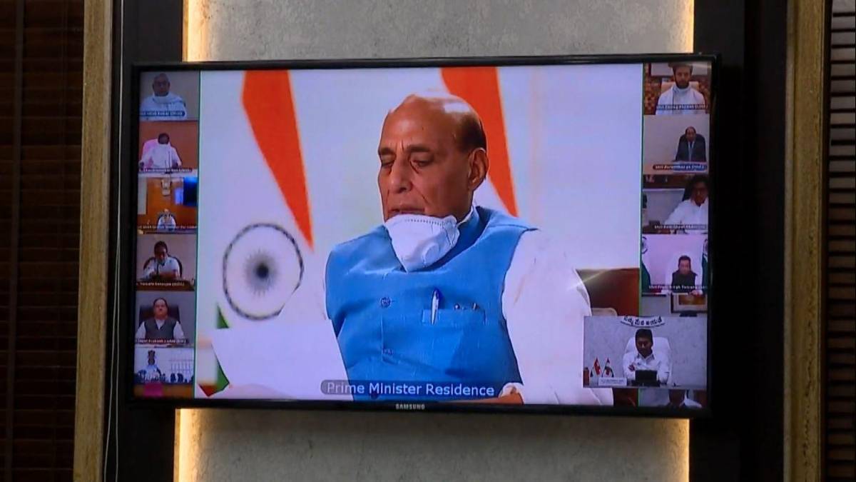 New Delhi: Defence Minister Rajnath Singh addresses an all-party meeting called by Prime Minister Narendra Modi over the killing of 20 Indian soldiers by Chinese People's Liberation Army (PLA) in the Galwan valley, via video conferencing in New Delhi on June 19, 2020. (Video Grab: IANS) by .