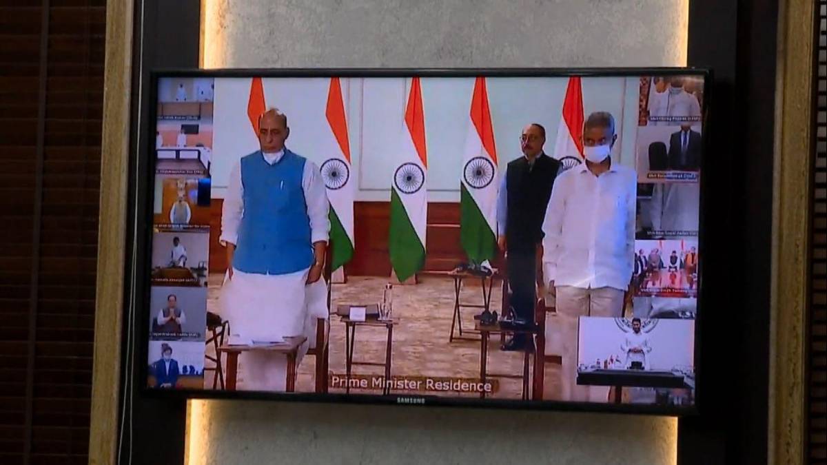 New Delhi: Defence Minister Rajnath Singh and External Affairs Minister S. Jaishankar pay their respects to the martyrs, at an all-party meeting called by the Prime Minister over the killing of 20 Indian soldiers by Chinese People's Liberation Army (PLA) in the Galwan valley, via video conferencing in New Delhi on June 19, 2020. (Video Grab: IANS) by .