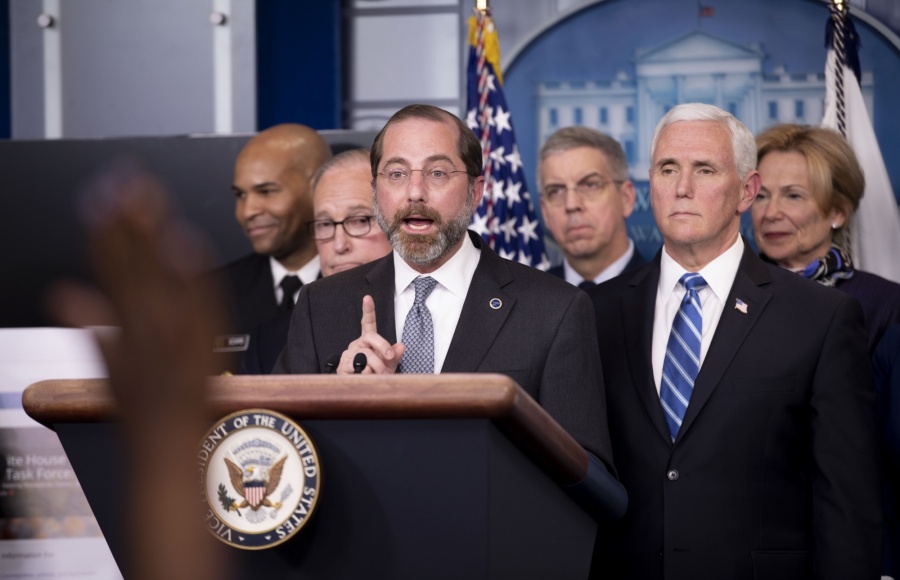 WASHINGTON D.C., March 11, 2020 (Xinhua) -- U.S. Health and Human Services (HHS) Secretary Alex Azar attends a press conference on the COVID-19 at the White House in Washington D.C. March 10, 2020. The number of COVID-19 cases in the United States have topped 1,000 by 11:30 p.m. EST Tuesday (0330 GMT on Wednesday), reaching 1,001 with 28 deaths, according to the Center for Systems Science and Engineering (CSSE) at Johns Hopkins University. (Xinhua/Liu Jie/IANS) by .