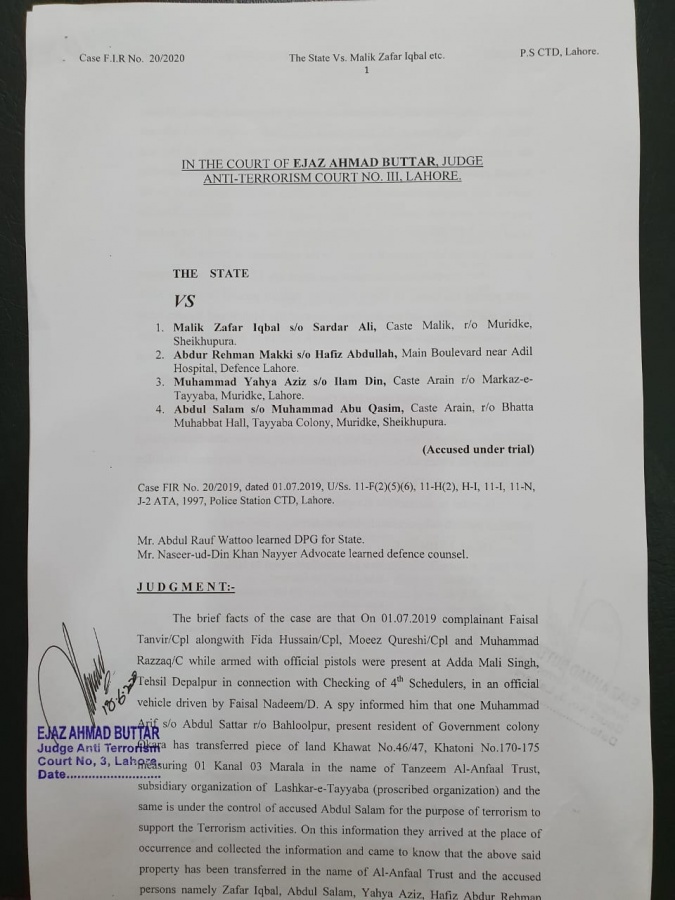 JUD leadership jailed on terror-financing charges. by .
