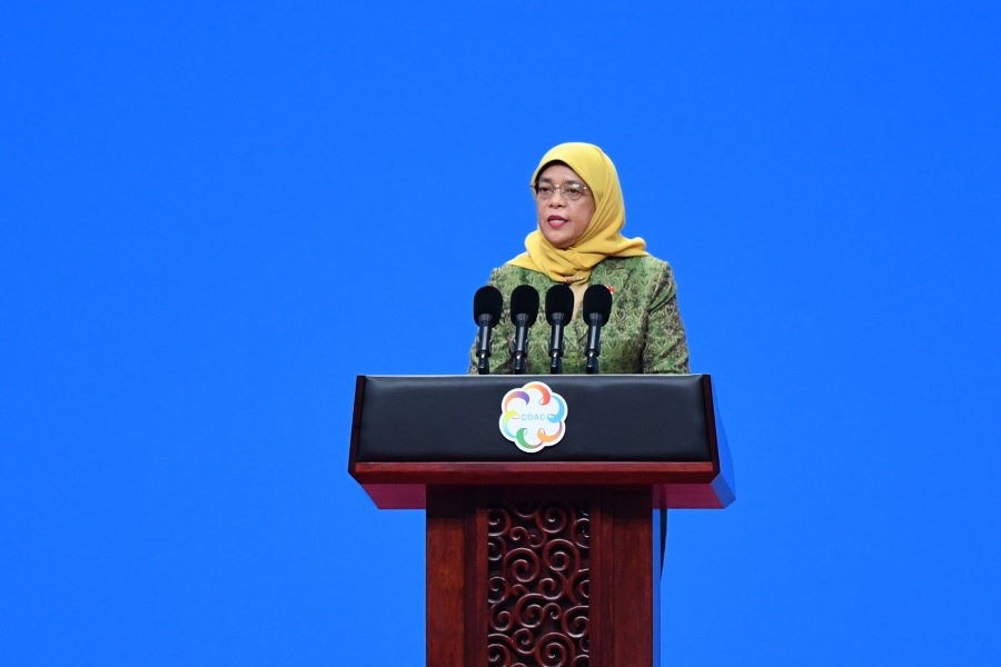 BEIJING, May 15, 2019 (Xinhua) -- Singaporean President Halimah Yacob delivers a speech at the opening ceremony of the Conference on Dialogue of Asian Civilizations (150519) at the China National Convention Center in Beijing, capital of China, May 15, 2019. (Xinhua/Ju Huanzong/IANS) by . 