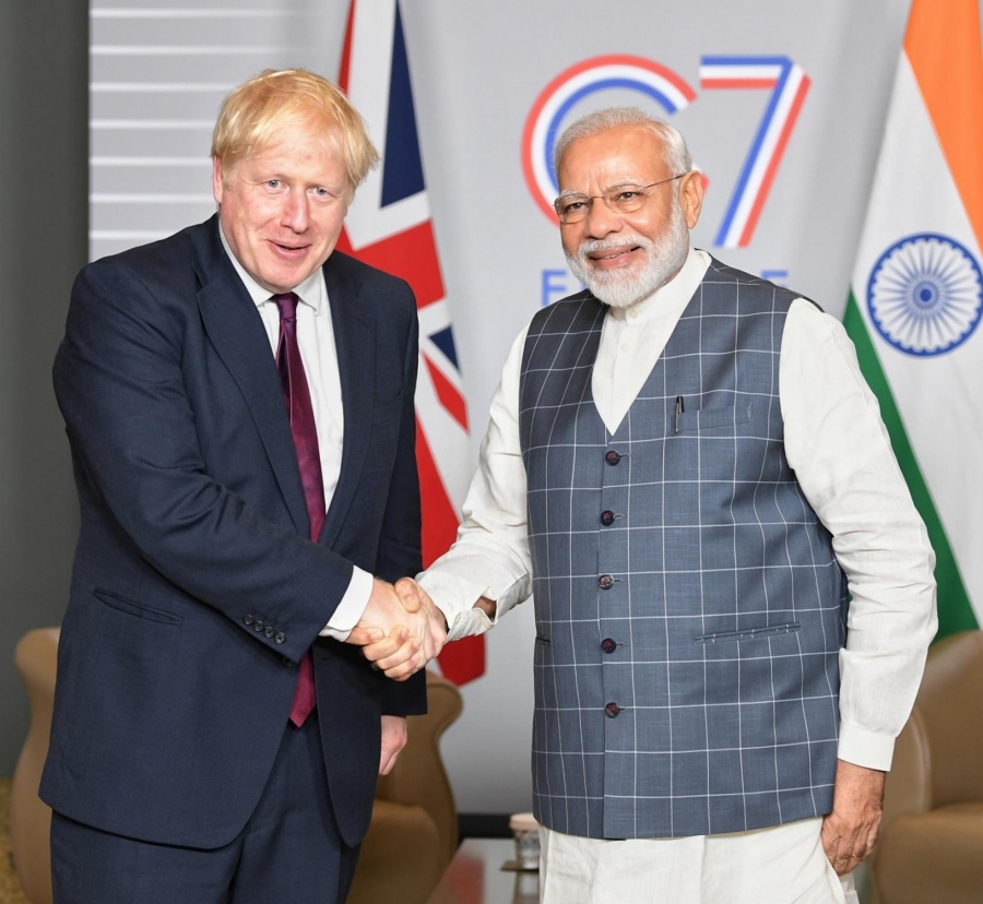 Biarritz: Prime Minister Narendra Modi meets the Prime Minister of the United Kingdom, Boris Johnson on the sidelines of the G7 Summit in Biarritz, France on Aug 25, 2019. (Photo: IANS/PIB) by . 
