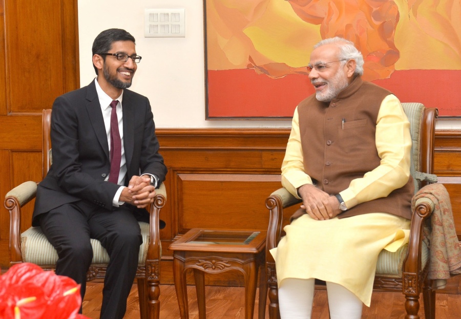 New Delhi: Google CEO Sundar Pichai calls on the Prime Minister Narendra Modi, in New Delhi on Dec 17, 2015. (Photo IANS/PIB) by .