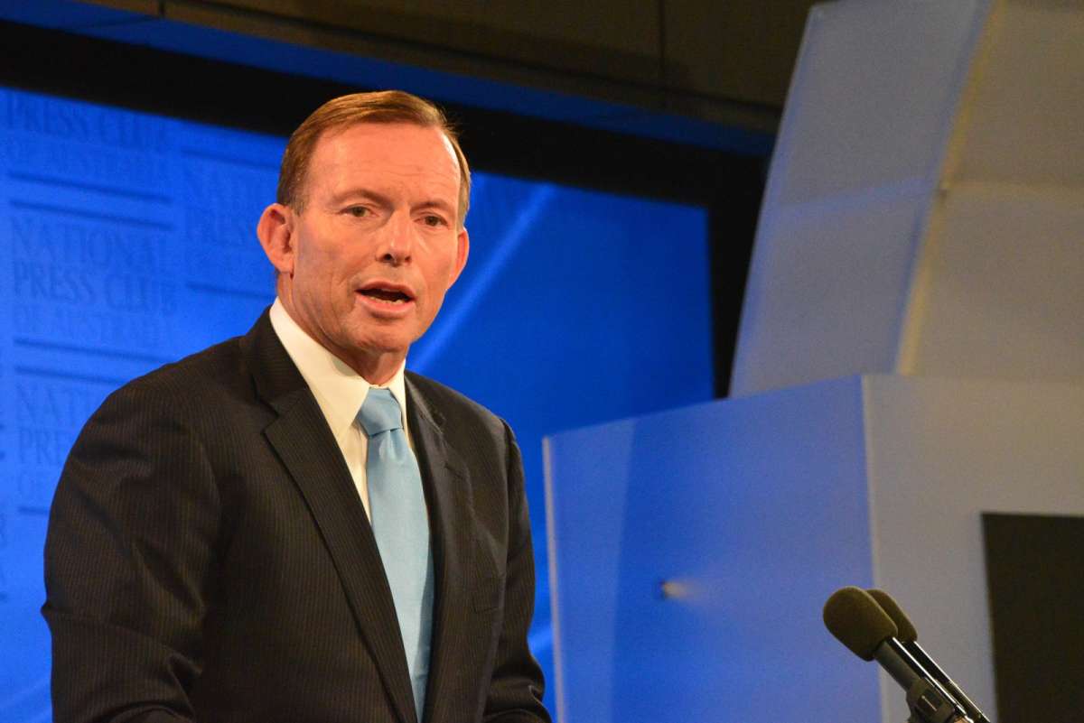ustralian Prime Minister Tony Abbott delivers a speech at the National Press Club in Canberra, Australia, Feb. 2, 2015. Embattled Abbott made the nationally televised speech in an effort to revive his plummeting popularity among the public and his party colleagues . (Xinhua/Xu Haijing/IANS) (lmz)
