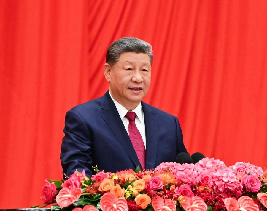 Chinese President Xi Jinping, also general secretary of the Communist Party of China Central Committee and chairman of the Central Military Commission, delivers an important speech at a reception to celebrate the 77th anniversary of the founding of the People's Republic of China at the Great Hall of the People in Beijing,