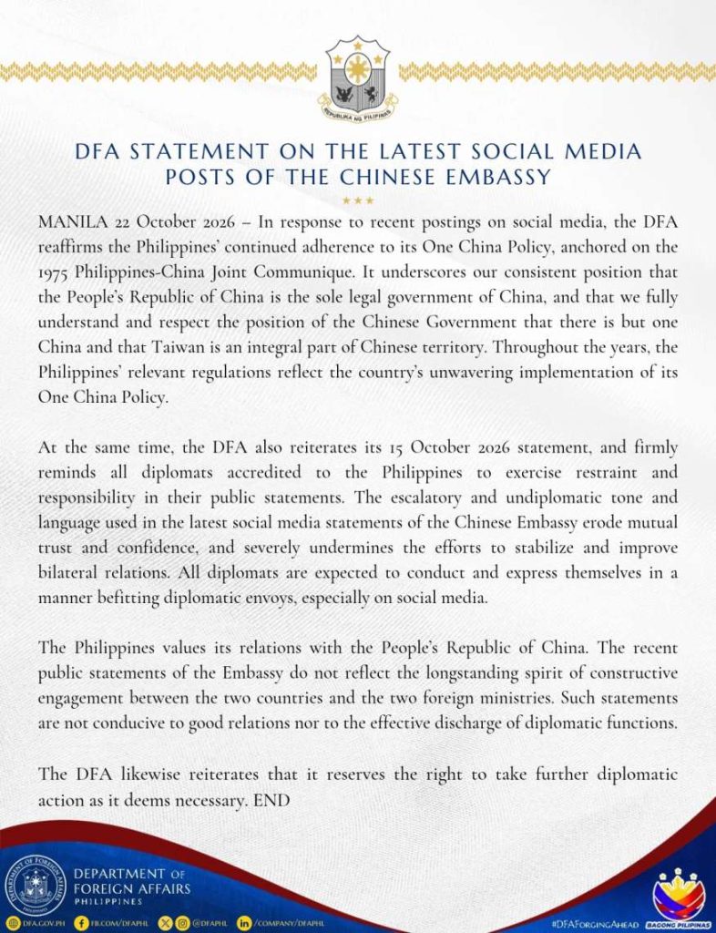 Philippines Reaffirms One China Policy Amid Diplomatic Row