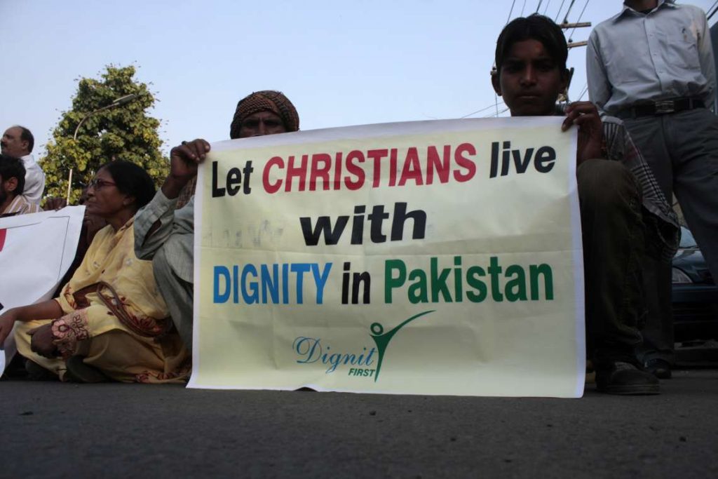People attend a protest against the killing of a Christian couple in Lahore, Pakistan on Nov. 6, 2014.