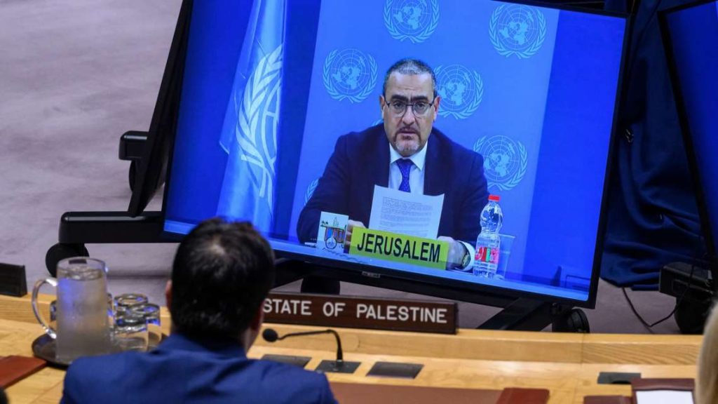 Ramiz Alakbarov (on screen), Acting Special Coordinator for the Middle East Peace Process, United Nations Resident and Humanitarian Coordinator, briefs the Security Council meeting on the situation in the Middle East, including the Palestinian Question. UN Photo / Loey Felipe
