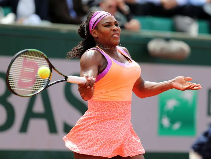 Serena Williams of the United States hits a return during the women's singles second round match against Anna-Lena Friedsam of Germany at 2015 French Open tennis tournament at Roland Garros, in Paris, France on May 28, 2015.