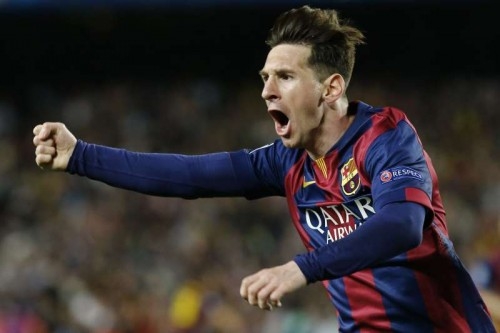 Barcelona's Argentine forward Lionel Messi celebrates after scoring during the first round match of semifinal against Bayern Munich at the 2014-2015 UEFA Champions League at Camp Nou Stadium in Barcelona, Spain, May 6, 2015.