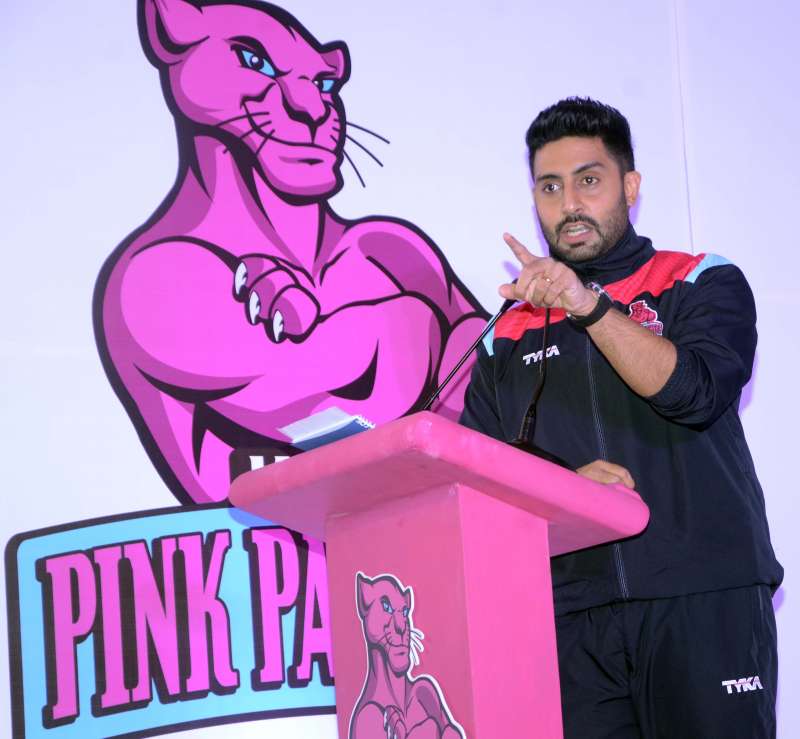 Actor and owner of Pro Kabaddi team `Pink Panther` Abhishek Bachchan with his team during a press conference in Mumbai