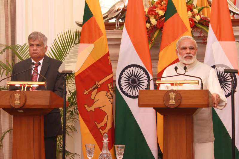 Prime Minister Narendra Modi and Sri Lankan Prime Minister Ranil Wickremesinghe during a joint press conference at Hyderabad House, in New Delhi