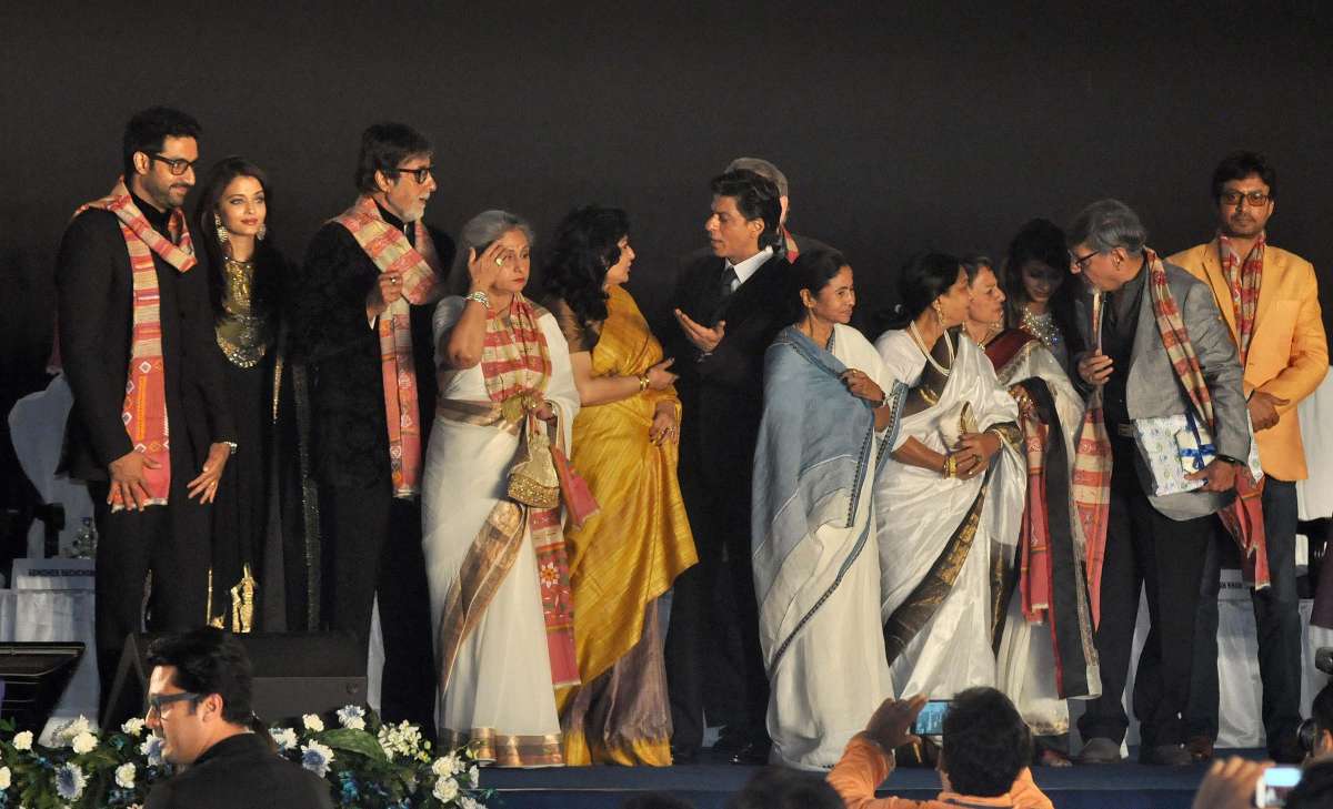 West Bengal Chief Minister Mamata Banerjee with actors Amitabh Bachchan, Jaya Bachchan, Shahrukh Khan, Abhishek Bachchan, Aishwarya Rai Bachchan, Irrfan Khan, Tanuja, Tanishaa, Amol Palekar and Moushumi Chatterjee during 20th Kolkata International Film Festival in Kolkata on Nov 10, 2014. (Photo: Kuntal Chakrabarty/IANS)