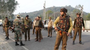 Jammu: Security beefed-up in Jammu after heavily armed suicide attackers stormed into an army camp in Nagrota, some 20 km from Jammu on Nov 29, 2016. Two militants were killed and three soldiers injured in a gunfight that followed the attack. The camp is situated close to the headquarters of the Indian Army's 16 Corps -- a massive military formation that acts as a nerve centre to fight militancy and defend the borders in the Jammu region. (Photo: IANS)