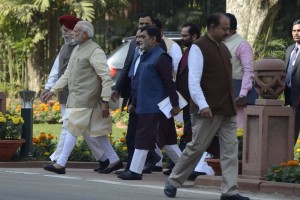 New Delhi: Prime Minister Narendra Modi comes out after BJP Parliamentary Party meeting in New Delhi on Nov 22, 2016. Also seen BJP MPs SS Ahluwalia, Ramkripal Yadav and Mukhtar Abbas Naqwi. (Photo: IANS)