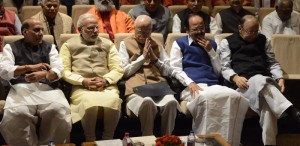 New Delhi: Prime Minister Narendra Modi with Union Home Minister Rajnath Singh, BJP veteran LK Advani, Union Minister for Urban Development, Housing and Urban Poverty Alleviation and Information and Broadcasting M. Venkaiah Naidu and Union Minister for Finance and Corporate Affairs Arun Jaitley during a BJP Parliamentary Party meeting in New Delhi on Nov 22, 2016. (Photo: IANS)