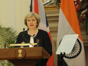 Britain's Prime Minister Theresa May during the joint press briefing at Hyderabad House in New Delhi on Nov 7, 2016. (Photo: IANS)