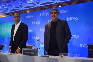 Infosys Chairman R Seshasayee and CEO Vishal Sikka (Photo: Sandeep Mahankal/IANS)