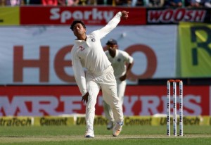 Kuldeep Yadav of India in action on Day-1 of the fourth Test match between India and Australia at Himachal Pradesh Cricket Association Stadium in Dharamsala (Photo: Surjeet Yadav/IANS)