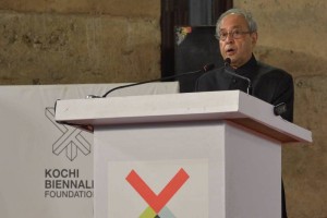 President Pranab Mukherjee addresses during the inaugurates the Kochi Muziris biennale seminar 'Importance of Sustainable Culture Building' organised by the Kochi Muziris Foundation in Cochin, Kerala (Photo: IANS/RB)