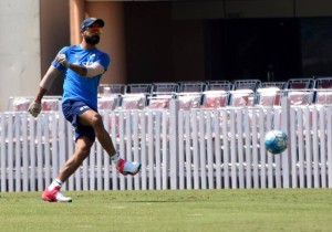 Indian captain Virat Kohli during a practice session ahead of the third test match between India and Australia at JSCA stadium in Ranchi (Photo: IANS)