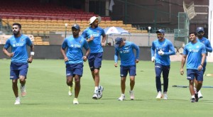 Indian cricketers during a practice session ahead of the second test match between India and Australia in Bengaluru (Photo: IANS)