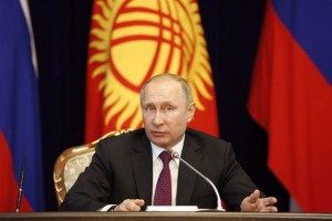 (170228) -- BISHKEK, Feb. 28, 2017 (Xinhua) -- Visiting Russian President Vladimir Putin addresses a news conference after meeting with his Kyrgyz counterpart Almazbek Atambayev (not in the picture) in Bishkek, capital of Kyrgyzstan, on Feb. 28, 2017. Russian President Vladimir Putin paid an official visit to Kyrgyzstan on Tuesday and signed a number of cooperation documents with his Kyrgyz counterpart Almazbek Atambayev. (Xinhua/Roman Gainanov)