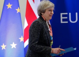 (170329) -- BRUSSELS, March 29, 2017 (Xinhua) -- File photo taken on March 9, 2017 shows British Prime Minister Theresa May arrive for a press conference at EU headquarters in Brussels, Belgium. British ambassador to the European Union (EU) on Wednesday handed the Brexit notification letter to European Council President Donald Tusk, officially triggering the two-year countdown to Britain's exit of the bloc. (Xinhua/Ye Pingfan) (djj)