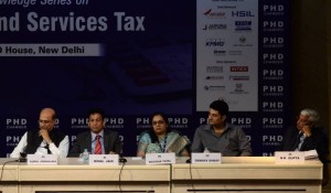 New Delhi: Bimal Jain and N K Gupta of PHD Chamber with other dignitaries during a programme on GST in New Delhi on April 11, 2017. (Photo: Zuhaib Mohammad Khan/IANS)