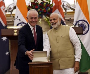 New Delhi: Prime Minister Narendra Modi and Australian Prime Minister Malcolm Turnbull during a joint press conference at Hyderabad House, in New Delhi on April 10, 2017. (Photo: IANS)