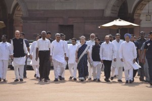 New Delhi: Congress chief Sonia Gandhi along with Anand Sharma, Manmohan Singh and others comes out after meeting President Pranab Mukherjee at Rashtrapati Bhawan on April 12, 2017. (Photo: IANS)