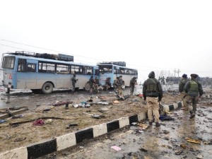 Pulwama: Pulwama: The site on on the Srinagar-Jammu highway where 20 Central Reserve Police Force (CRPF) troopers were killed and 15 others injured in an audacious suicide attack by militants in Jammu and Kashmir's Pulwama district on Feb 14, 2019. All the injured have been shifted to the Army's Base Hospital in Srinagar. (Photo: IANS)