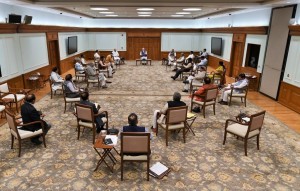 New Delhi: Social distancing followed strictly at the Union Cabinet meeting chaired by Prime Minister Narendra Modi, in New Delhi on March 25, 2020. (Photo: IANS)