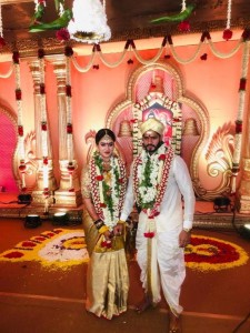 Bidadi: Newly weds Former Karnataka Chief Minister H.D. Kumaraswamy's son Nikhil Kumaraswamy and Revathi, 22, grandniece of state Congress leader M. Krishnappa at their wedding ceremony at a farmhouse at Kethaganahalli near Bidadi in Karnataka during the extended nationwide lockdown imposed to mitigate the spread of coronavirus, on Apr 17, 2020. (Photo: IANS)