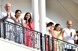 Bengaluru: Karnataka Chief Minister B. S. Yediyurappa and his family members clap to express their gratitude to those who have worked round the clock to contain the deadly Covid-19, in Bengaluru on March 22, 2020. (Photo: IANS)